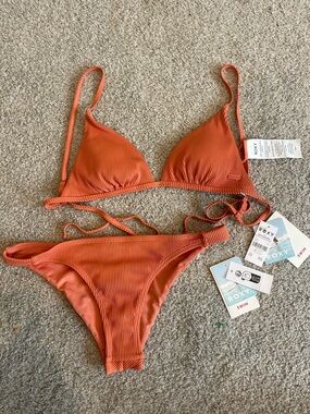 Roxy Ribbed Triangle Bikini Set in Burnt Coral